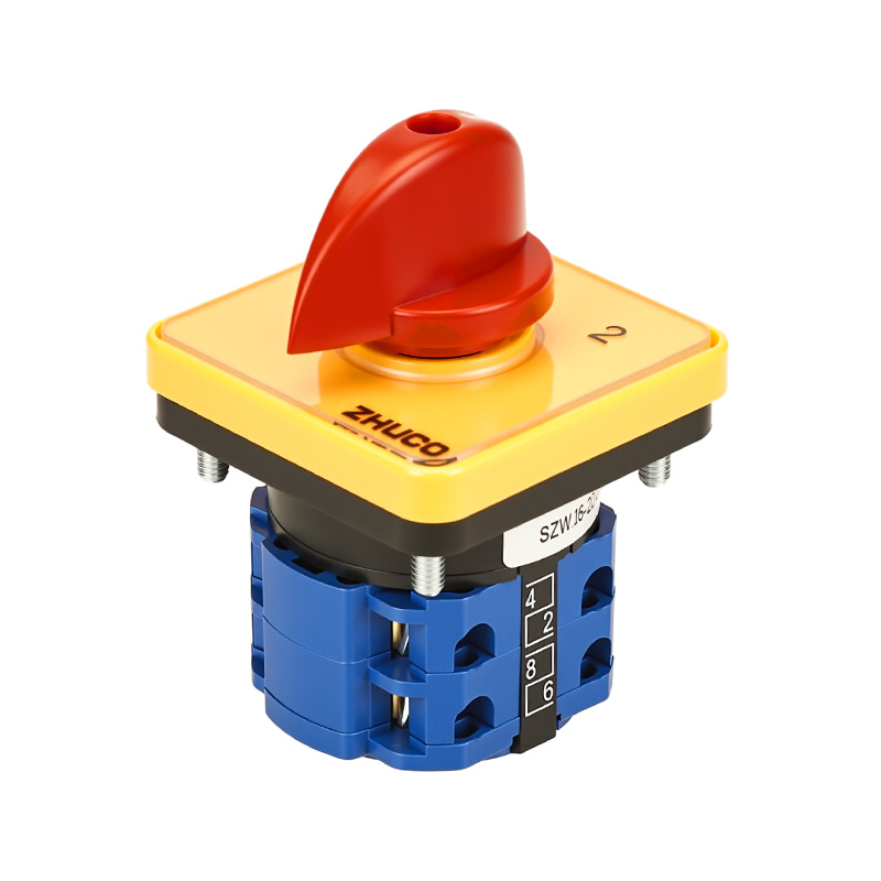 ZHUCO SZW26-20/D202.2 Gelbes Panel, roter Griff, 1-0-2, Dreistellungs-Zweiteil-Umschalter